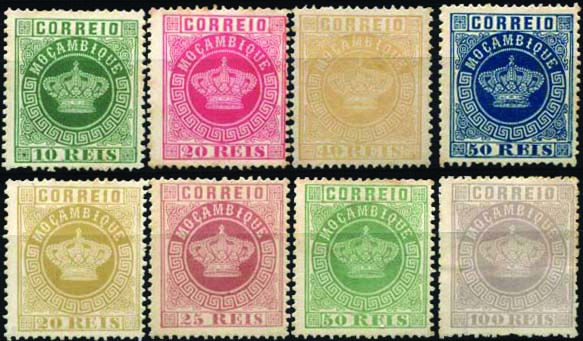 2028.jpg -     Lote:    2028            Moçambique       Descrição:         1876/85 &mdash; Tipo Coroa. Reimpressões de 1885. Lote de 6 reimpressões em denteado 13 &frac12;, das taxas de 20, 25, 50 e 100 reis CE3, 4, 6 e 7 + 10, 20, 40 e 50 reis CE10/11 e 13/14. Valor de catálogo &euro; 160,00.        R*       Valor Base:     &euro; 70,00     Valor Venda:     &euro; 80,00     