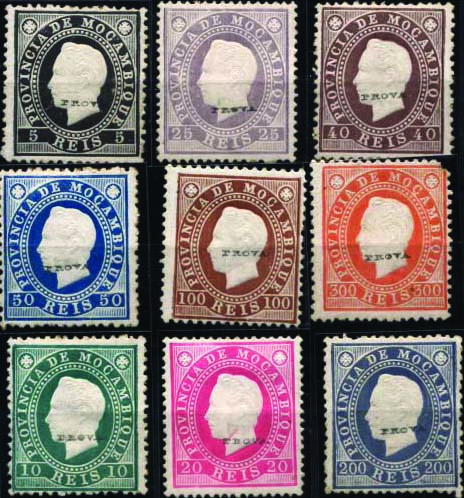 2032.jpg -     Lote:    2032            Moçambique       Descrição:         1886 &mdash; D. Luís I. Fita direita. Reimpressões de 1905. CE15/23. Série completa com sobrecarga "PROVA" horizontal a preto. Lote composto por 6 reimpressões (5, 25, 40, 50, 100 e 300 reis) + 3 selos originais distribuídos com as reimpressões (10, 20 e 200 reis). Dois selos com ligeiros pontos de óxido no verso. Lote a ver.        R**       Valor Base:     &euro; 220,00     Valor Venda:     &euro; 320,00     