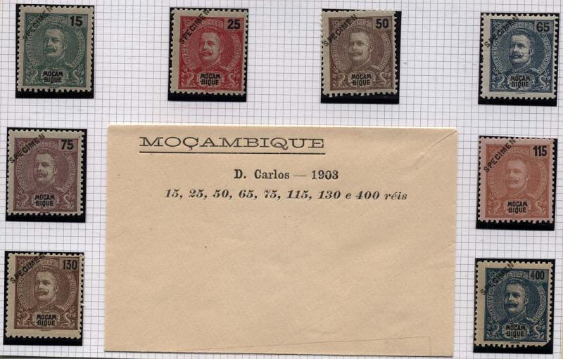 2035.jpg -     Lote:    2035            Moçambique       Descrição:         1903 &mdash; D. Carlos I tipo Diogo Neto. CE94/101. Selos originais distribuídos com as reimpressões de 1905, com a sobrecarga "SPECIMEN" + envelope original utilizado na sua distribuição. B e MR.        R***       Valor Base:     &euro; 75,00     Valor Venda:     &euro; 75,00     