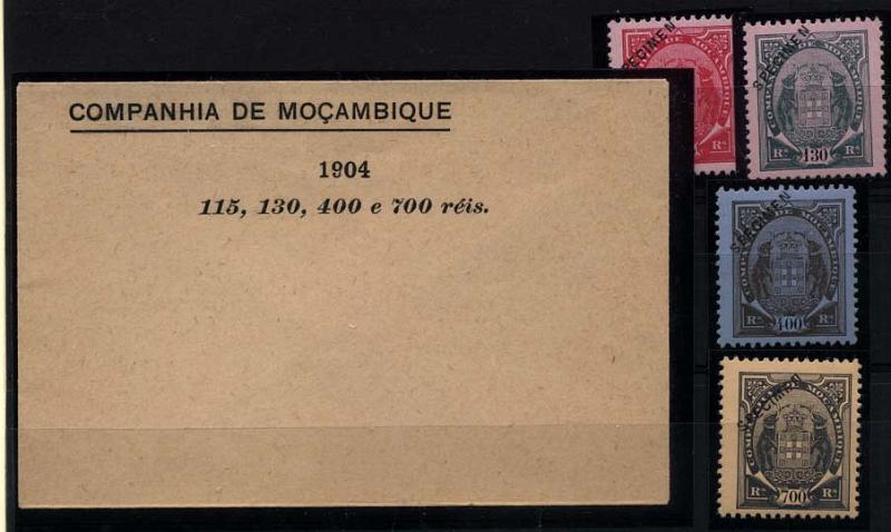 2038.jpg -     Lote:    2038            Companhia de Moçambique       Descrição:         1904 &mdash; Tipo "Elefantes". CE45/49. Série completa de selos originais com a sobrecarga "SPECIMEN" a preto, distribuídos com as reimpressões de 1905 + envelope original utilizado na sua distribuição. MB e MR.        R***       Valor Base:     &euro; 60,00     Valor Venda:     &euro; 140,00     