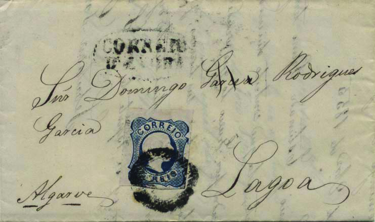 2147.jpg -     Lote:    2147      Lotes pelo Correio      Portugal       Descrição:         1855/56 &mdash; D. Pedro V. Cabelos lisos. CE7, 25 reis cunho II (duas margens curtas e duas largas) em carta circulada de Évora (06.11.55) para Lagoa. Carimbo nominativo batido a preto "CORREIO D'EVORA".        Carta       Valor Base:     &euro; 15,00     Valor Venda:     Retirado     