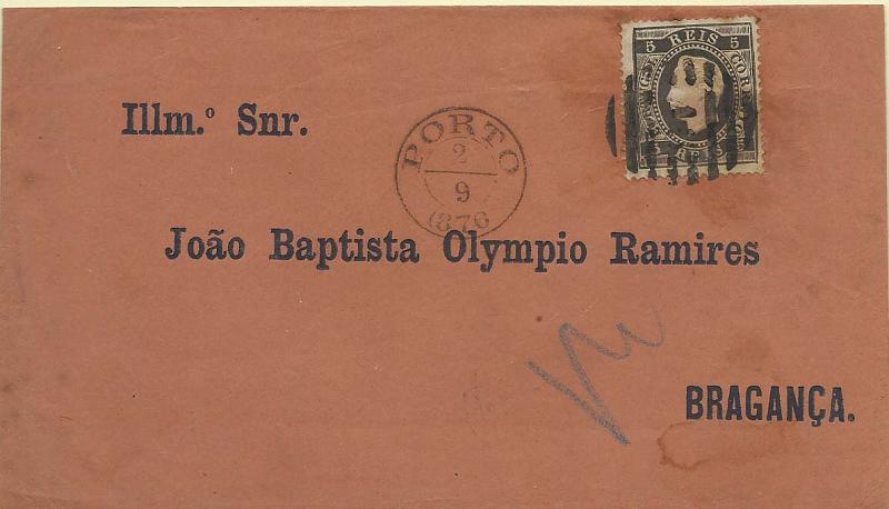 2148.jpg -     Lote:    2148      Lotes pelo Correio      Portugal       Descrição:         1870/76 &mdash; D. Luís I, fita direita. CE36, 5 reis preto, denteado 13 &frac12;, papel liso em carta circulada aberta do Porto (02.09.76) para Bragança.        Carta       Valor Base:     &euro; 8,00     Valor Venda:     &euro; 8,00     
