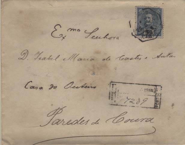 2152.jpg -     Lote:    2152      Lotes pelo Correio      Portugal       Descrição:         1895/96 &mdash; D. Carlos I tipo Mouchon. CE135, 100 reis em sobrescrito circulado registado de Lisboa (26.08.04) para Paredes de Coura (27.08.04).        Carta       Valor Base:     &euro; 10,00     Valor Venda:     Retirado     
