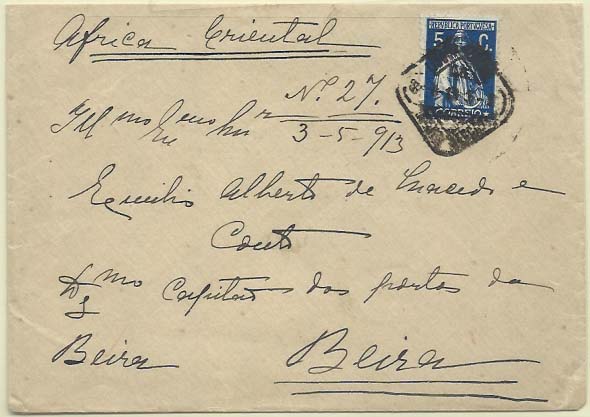 2157.jpg -     Lote:    2157      Lotes pelo Correio      Portugal       Descrição:         1912 &mdash; Ceres. CE212, 5 c azul escuro, denteado 15x14, papel porcelana em carta circulada de Lisboa (08.04.13) para a Beira (03.05.13). Duplo porte. Tabela de portes em vigor de 01.07.12 a 09.03.18. No verso carimbo hexagonal batido a violeta "AMBULANCAI / BEIRA-UMTALI".        Carta       Valor Base:     &euro; 10,00     Valor Venda:     &euro; 10,00     