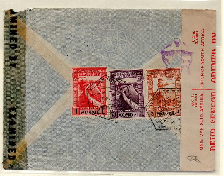 2161.jpg -     Lote:    2161      Lotes pelo Correio      Moçambique       Descrição:         1938 &mdash; Império Colonial Português. Sobrescrito circulado de Lourenço Marques (10.09.44) para os EUA com selos CE290, 299 e 301. Duplamente censurada na África do Sul e nas Bermudas.        Carta       Valor Base:     &euro; 5,00     Valor Venda:     &euro; 5,00     