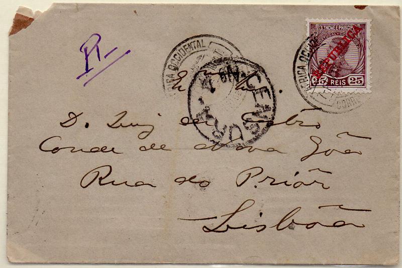 2163.jpg -     Lote:    2163      Lotes pelo Correio      S. Tomé e Príncipe       Descrição:         1912 &mdash; D. Manuel II com sobrecarga REPUBLICA. CE115, 25 reis castanho sobre sobrescrito circulado de S. Tomé (07.02.18) para Lisboa (01.03.18). Censurada à chegada.        Carta       Valor Base:     &euro; 5,00     Valor Venda:     Retirado     
