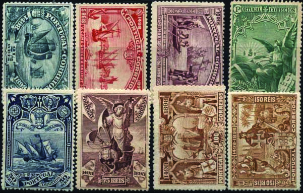 2306.jpg -     Lote:    2306      Lotes pelo Correio      Portugal       Descrição:         1898 &mdash; 4º Centenário do Descobrimento do Caminho Marítimo para a Índia. CE148/155. Série completa com charneira leve. Valor de catálogo &euro; 303,00.        RG**       Valor Base:     &euro; 25,00     Valor Venda:     &euro; 25,00     