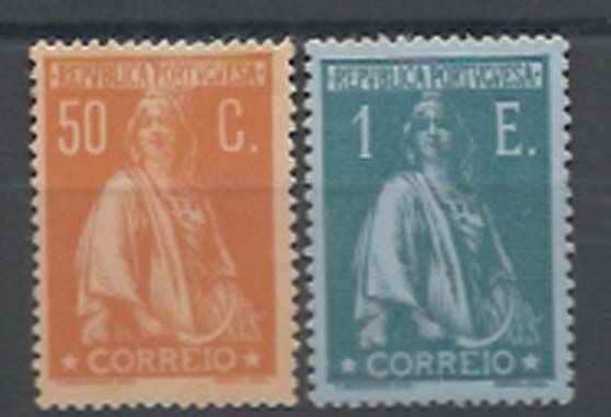 2312.jpg -     Lote:    2312      Lotes pelo Correio      Portugal       Descrição:         1912 &mdash; Ceres. CE 219/220, 50C laranja s/ salmão e 1E verde s/ azul, em papel porcelana, denteado 15x14. Valor de catálogo &euro; 60,80.        **       Valor Base:     &euro; 10,00     Valor Venda:     &euro; 10,00     