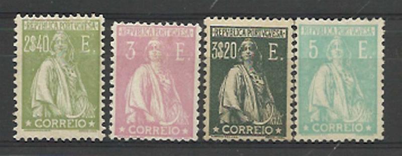 2314.jpg -     Lote:    2314      Lotes pelo Correio      Portugal       Descrição:         1924/26 &mdash; Ceres. Novas taxas e cores. CE293/96, 2$40, 3E, 3$20 e 5E. Selos regomados. Valor como usados &euro; 608,90.        RG**       Valor Base:     &euro; 60,00     Valor Venda:     &euro; 70,00     