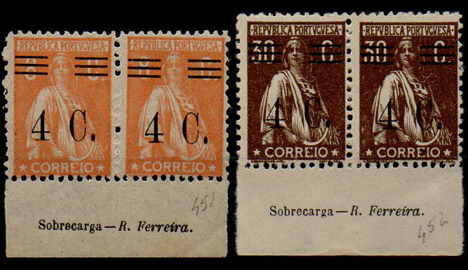2316.jpg -     Lote:    2316      Lotes pelo Correio      Portugal       Descrição:         1928/29 &mdash; Ceres, com sobretaxa. CE451/52 &mdash; Lote composto por dois pares horizontais de 4C s/ 8C laranja + 4C s/ 30C castanho. Todos fundo de folha com inscrições marginais "Sobrecarga &mdash; R. Ferreira".        ***       Valor Base:     &euro; 4,00     Valor Venda:     &euro; 8,00     