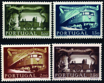 2326.jpg -     Lote:    2326      Lotes pelo Correio      Portugal       Descrição:         1956 &mdash; 1.º Centenário dos Caminhos de Ferro em Portugal. CE821/824. Série completa. Valor de catálogo &euro; 176,00.        ***       Valor Base:     &euro; 25,00     Valor Venda:     &euro; 25,00     