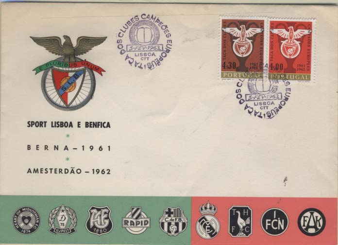 2328.jpg -     Lote:    2328      Lotes pelo Correio      Portugal       Descrição:         1963 &mdash; Dupla Vitória do Sport Lisboa e Benfica na Taça dos Clubes Campeões Europeus. FDC com a série completa CE904/905, obliterado com carimbo de Lisboa.        FDC       Valor Base:     &euro; 10,00     Valor Venda:     &euro; 20,00     