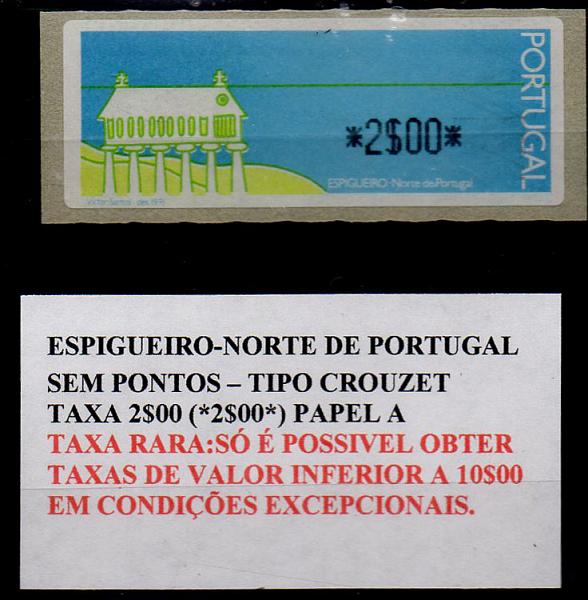 2337.jpg -     Lote:    2337      Lotes pelo Correio      Portugal       Descrição:         1991 &mdash; Espigueiro &mdash; Norte de Portugal. Máquina CROUZET. CE ETQ43 *2$00*. Papel A. Taxa rara. Só era possível obter taxas inferiores a 10$00 em condições excepcionais.        ETQ       Valor Base:     &euro; 6,00     Valor Venda:     Retirado     