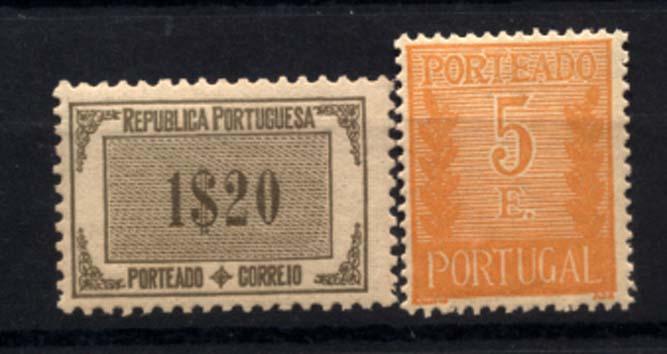 2347.jpg -     Lote:    2347      Lotes pelo Correio      Portugal       Descrição:         1932/40 &mdash; Porteado * Tipo Etiqueta + Algarismo ladeado de ramos. CE POR53, 1$20 sépia + CE POR64, 5E amarelo laranja, denteado 14. Valor de catálogo &euro; 67,00.        ***       Valor Base:     &euro; 10,00     Valor Venda:     Retirado     
