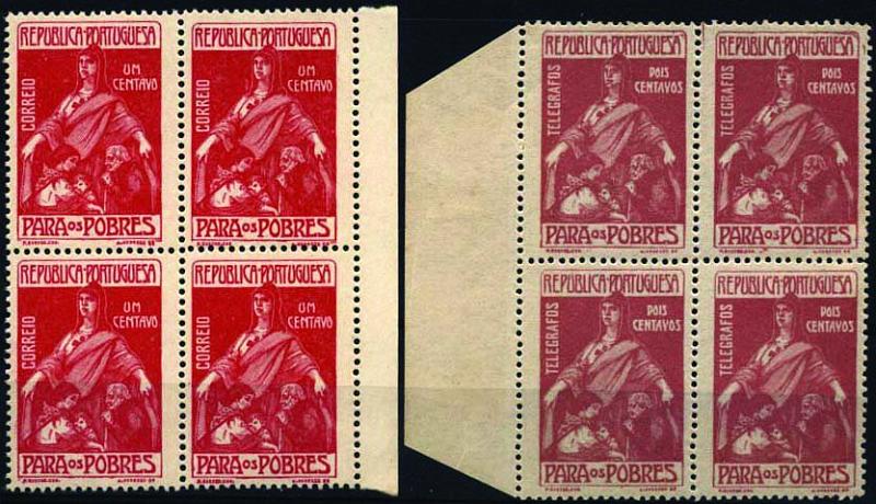 2351.jpg -     Lote:    2351      Lotes pelo Correio      Portugal       Descrição:         1915/25 &mdash; Imposto Postal e Telegráfico. Para os Pobres. CE IP7/8. Lote composto por duas quadras, bordo de folha. Uma de 1C em papel muito espesso (quase cartolina) e outra de 2C em papel espesso.         ***       Valor Base:     &euro; 5,00     Valor Venda:     &euro; 10,00     