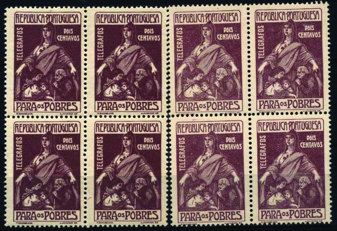 2352.jpg -     Lote:    2352      Lotes pelo Correio      Portugal       Descrição:         1915/25 &mdash; Imposto Postal e Telegráfico. Para os Pobres. CE IP8, 2C Castanho lilás. Lote composto por duas quadra, uma em papel acetinado espesso e outra em papel pontinhado também espesso.         ***       Valor Base:     &euro; 5,00     Valor Venda:     Retirado     