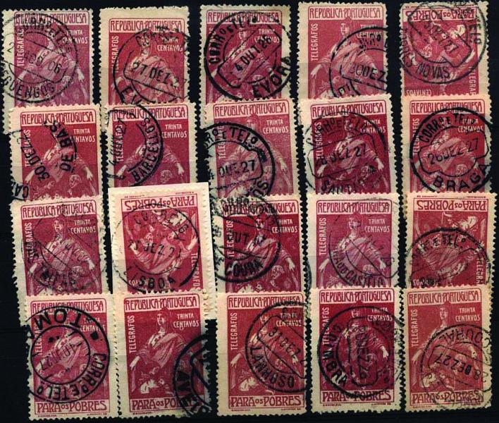 2353.jpg -     Lote:    2353      Lotes pelo Correio      Portugal       Descrição:         1915/25 &mdash; Imposto Postal e Telegráfico. Para os Pobres. CE IP12, 30C lilás rosa. Lote de 20 selos obliterados com carimbos diferentes. Valor de catálogo &euro; 172,00.        Lote       Valor Base:     &euro; 15,00     Valor Venda:     &euro; 15,00     
