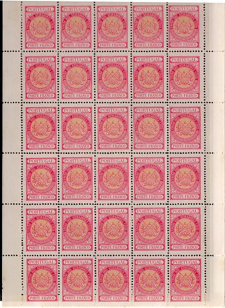 2355.jpg -     Lote:    2355      Lotes pelo Correio      Portugal       Descrição:         1902 &mdash; Porte Franco. União dos Atiradores Civis Portugueses. CE UACP3, carmim e amarelo. Folha completa, sem a margem inferior. Valor de catálogo &euro; 90,00.        *       Valor Base:     &euro; 12,00     Valor Venda:     Retirado     