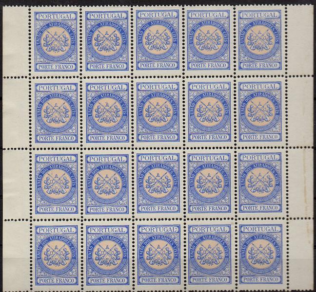 2357.jpg -     Lote:    2357      Lotes pelo Correio      Portugal       Descrição:         1902 &mdash; Porte Franco. União dos Atiradores Civis Portugueses. CE UACP8, ultramar e amarelo. Bloco de 20 selos. Valor de catálogo &euro; 60,00..        *       Valor Base:     &euro; 8,00     Valor Venda:     Retirado     