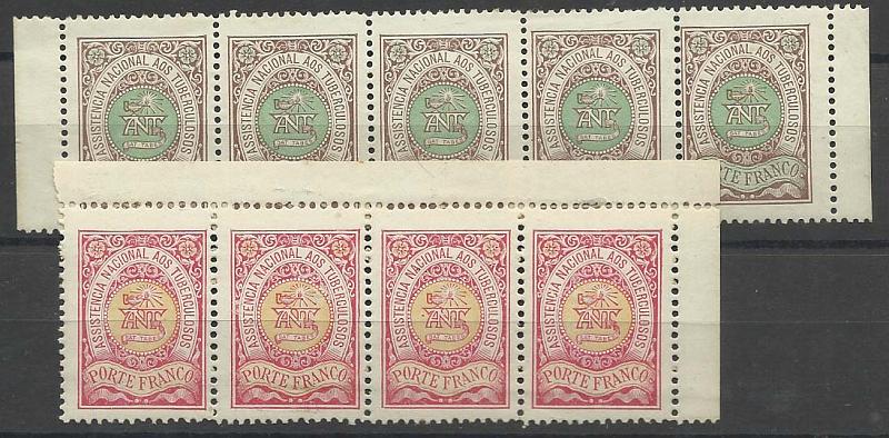 2358.jpg -     Lote:    2358      Lotes pelo Correio      Portugal       Descrição:         1904 &mdash; Porte Franco * Assistência Nacional aos Tuberculosos. CE ANT&frac12;. Lote composto por tira de 5 selos castanho e verde e 4 selos de carmim e amarelo. Valor de catálogo &euro; 153,00.        ***       Valor Base:     &euro; 10,00     Valor Venda:     &euro; 14,00     