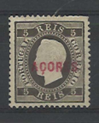 2359.jpg -     Lote:    2359      Lotes pelo Correio      Açores       Descrição:         1871/76 &mdash; D. Luís I. Fita direita. Selos do Continente com sobrecarga AÇORES. CE16, 5 reis preto, denteado 12 &frac12;, sobrecarga B. Selo com dois dentes curtos. Valor de catálogo &euro; 20,00.        *       Valor Base:     &euro; 4,00     Valor Venda:     Retirado     