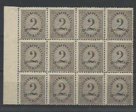 2361.jpg -     Lote:    2361      Lotes pelo Correio      Açores       Descrição:         1885 &mdash; Taxa de telegramas. Selos do Continente com sobrecarga AÇORES. CE51, 2 reis preto, com sobrecarga a preto, denteado 13 &frac12;. Bloco de 12 selos. Valor de catálogo &euro; 96,00.        ***       Valor Base:     &euro; 15,00     Valor Venda:     Retirado     