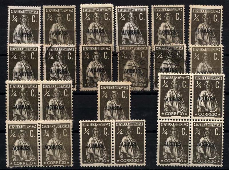 2362.jpg -     Lote:    2362      Lotes pelo Correio      Açores       Descrição:         1912/13 - Ceres. Selos do Continente com sobrecarga "Açores". CE149, &frac14; ctv sépia, sépia escuro. Lote composto por uma quadra, três pares horizontais novos, 7 selos novos e cinco selos usados. Variedades de denteados, tonalidades de cor e papeis.        **/O       Valor Base:     &euro; 8,00     Valor Venda:     &euro; 8,00     