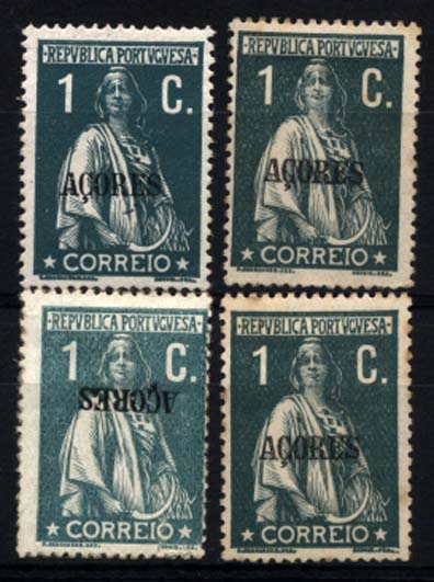 2363.jpg -     Lote:    2363      Lotes pelo Correio      Açores       Descrição:         1912/13 - Ceres. Selos do Continente com sobrecarga "Açores". CE151, 1 ctv verde-escuro, denteado 15x14, papel porcelana. Lote de 3 selos isolados (dois com pontos de óxido) e um selo com sobrecarga "Açores" invertida.        **       Valor Base:     &euro; 6,00     Valor Venda:     Retirado     