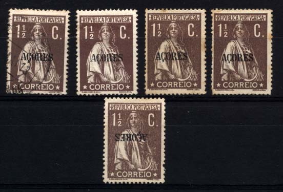 2364.jpg -     Lote:    2364      Lotes pelo Correio      Açores       Descrição:         1912/13 - Ceres. Selos do Continente com sobrecarga "Açores". CE152, 1 &frac12; ctvs castanho, denteado 15x14. Lote composto de 3 selos isolados novos (um em papel porcelana), um selo usado, e um selo som sobrecarga "Açores" invertida.        **/O       Valor Base:     &euro; 6,00     Valor Venda:     Retirado     