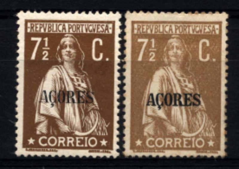 2365.jpg -     Lote:    2365      Lotes pelo Correio      Açores       Descrição:         1912/13 - Ceres. Selos do Continente com sobrecarga "Açores". CE156, 7 &frac12; ctvs bistre, denteado 15x14. Conjunto de dois selos, um em papel porcelana e outro em papel pontinhado.        */**       Valor Base:     &euro; 4,00     Valor Venda:     Retirado     