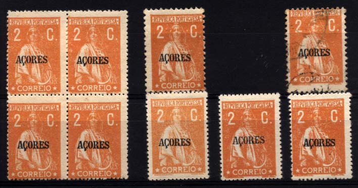 2366.jpg -     Lote:    2366      Lotes pelo Correio      Açores       Descrição:         1918/21 &mdash; Ceres. Selos do Continente com sobrecarga "Açores". CE166, 2C laranja a amarelo laranja em papel cartolina. Lote composto por quadra + 3 selos em denteado 15x14 + 2 selos (um novo e um usado) em denteado 12x11 &frac12;. Valor de catálogo &euro; 171,00.        ***/O       Valor Base:     &euro; 18,00     Valor Venda:     Retirado     
