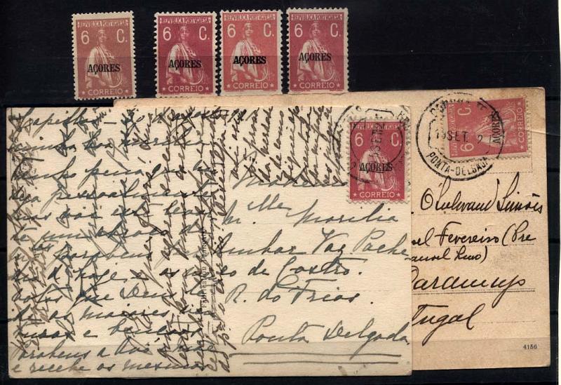 2367.jpg -     Lote:    2367      Lotes pelo Correio      Açores       Descrição:         1918/21 &mdash; Ceres. Selos do Continente com sobrecarga "Açores". CE171, 6C lilás rosa. Lote composto por 4 selos isolados, 1 em denteados 15x14 e 3 em 12x11 &frac12;, + dois postais ilustrados circulados com selos nos dois denteados.        **/PI       Valor Base:     &euro; 8,00     Valor Venda:     &euro; 8,00     