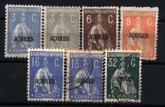 2368.jpg -     Lote:    2368      Lotes pelo Correio      Açores       Descrição:         1924/26 &mdash; Ceres. Selos do Continente com sobrecarga "Açores". CE199/204. Conjunto de selos composto de 2 selos novos de 3 ctvs azul CE199, um selo novo de 6 ctvs castanho CE200, um selo de 8 ctvs laranja CE201, um selo novo e um usado de 16 ctvs ultramar CE202 e um selo novo e um usado de 32 ctvs verde escuro CE204. Valor de catálogo &euro; 14,60        **/O       Valor Base:     &euro; 2,00     Valor Venda:     &euro; 2,00     