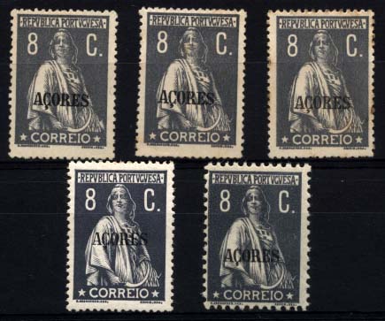 2369.jpg -     Lote:    2369      Lotes pelo Correio      Açores       Descrição:         1912/13 -  Ceres. Selos do Continente com sobrecarga "Açores". CE157, 8 ctvs ardósia / cinzento. Conjunto de cinco selos, quatro em denteado 15x14 (três em papel pontinhado e um em papel porcelana) e um selo em denteado 12 x11 &frac12;, papel acetinado, não catalogado neste denteado.         */**       Valor Base:     &euro; 10,00     Valor Venda:     Retirado     