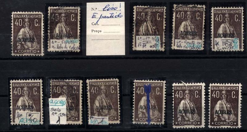 2371.jpg -     Lote:    2371      Lotes pelo Correio      Açores       Descrição:         1924/26 &mdash; Ceres. Selos do Continente com sobrecarga "Açores". CE205, 40 ctvs castanho escuro. Conjunto composto por 11 selos (cinco novos e seis usados) com variedades de cliché.        **/O       Valor Base:     &euro; 5,00     Valor Venda:     &euro; 5,00     