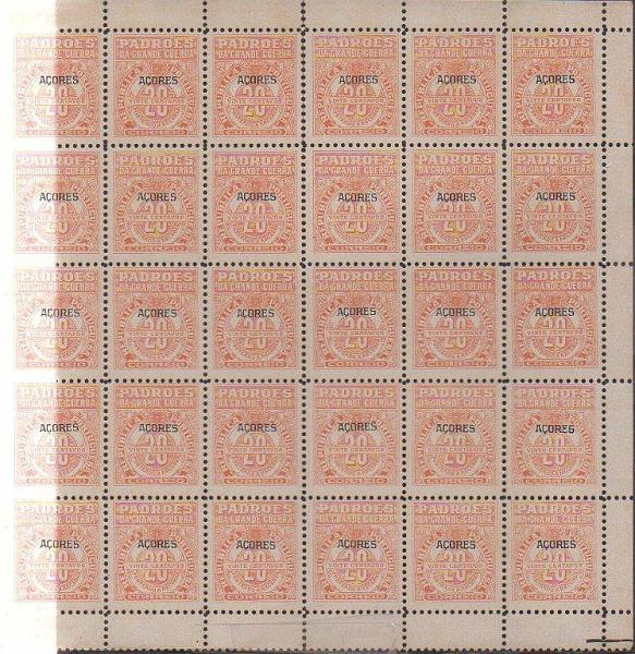 2372.jpg -     Lote:    2372      Lotes pelo Correio      Açores       Descrição:         1925 &mdash; Imposto Postal * Porteado. Padrões da Grande Guerra. Selos do Continente com sobrecarga "AÇORES". CE IP POR1. 20c laranja. Folha completa de 30 selos. Valor de catálogo &euro; 48,00.        ***       Valor Base:     &euro; 8,00     Valor Venda:     Retirado     