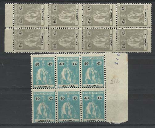 2375.jpg -     Lote:    2375      Lotes pelo Correio      Angola       Descrição:         192&frac12;2 &mdash; Ceres. Lote composto por bloco de 8 selos de 4 &frac12; C cinzento, em denteado 12 x 11 &frac12;, CE202 + bloco de 6 selos de 40C verde azul, denteado 12 x 11 &frac12;, CE207. Todos com denteado ligeiramente deslocado.        ***       Valor Base:     &euro; 5,00     Valor Venda:     Retirado     