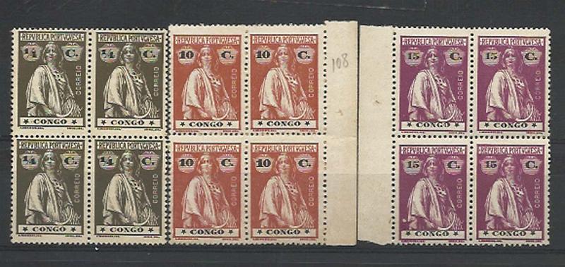 2378.jpg -     Lote:    2378      Lotes pelo Correio      Congo       Descrição:         1914 &mdash; Ceres. Lote composto por 3 quadras em papel porcelana, denteado 15x14, nas taxas de &frac14; C (sem goma) CE99, 10C laranja vermelho CE108 e 15C lilás vermelho, CE109. Valor de catálogo &euro; 35,40.        ***/*       Valor Base:     &euro; 10,00     Valor Venda:     &euro; 10,00     