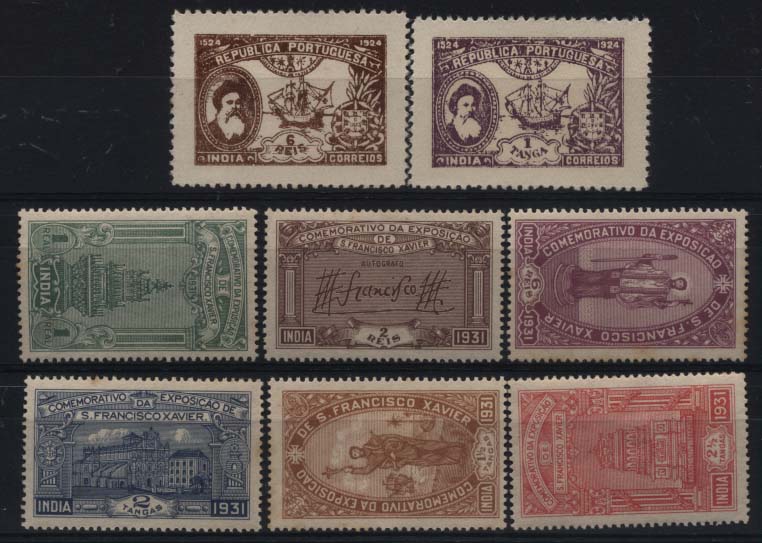 2383.jpg -     Lote:    2383      Lotes pelo Correio      Índia       Descrição:         1925/1931 &mdash; 4.º Centenário de Vasco da Gama + Exposição de S. Francisco Xavier. CE323/324 + CE327/332. Duas séries completas. Selos da série CE327/332 com pontos de óxido no verso. Valor de catálogo &euro; 80,30.         **/*       Valor Base:     &euro; 12,00     Valor Venda:     &euro; 22,00     