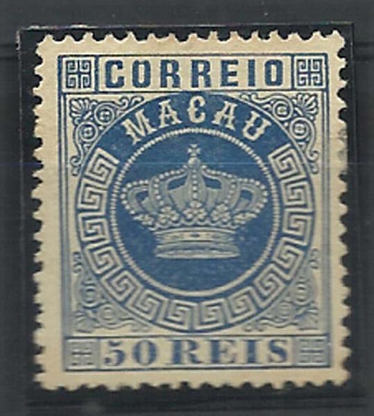 2385.jpg -     Lote:    2385      Lotes pelo Correio      Macau       Descrição:         1885/89 &mdash; Tipo Coroa. Novas cores e valores. CE20, 50 reis azul, em denteado 12 &frac12;. Valor de catálogo &euro; 22,00.        *       Valor Base:     &euro; 5,00     Valor Venda:     &euro; 5,00     