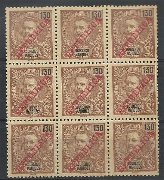2388.jpg -     Lote:    2388      Lotes pelo Correio      Lourenço Marques       Descrição:         1911 &mdash; D. Carlos I Mouchon, com sobrecarga REPUBLICA da Casa da Moeda. CE88, 130 reis castanho s/ amarelo. Bloco de 9 selos. Valor de catálogo &euro; 14,40.        *       Valor Base:     &euro; 3,00     Valor Venda:     &euro; 3,00     