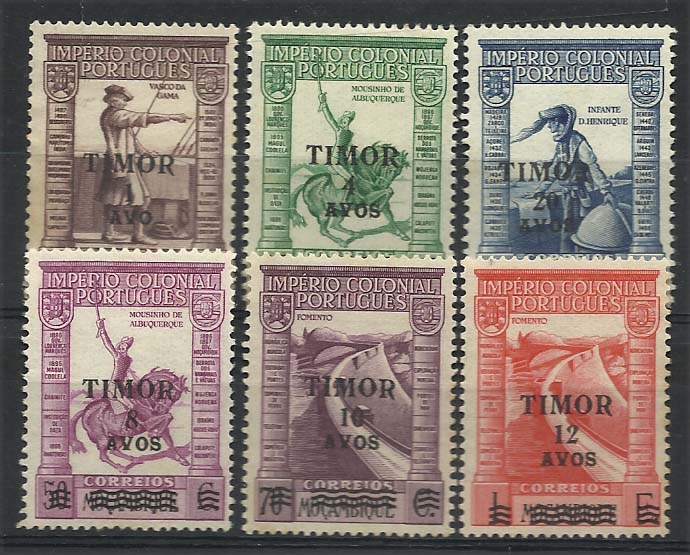 2391.jpg -     Lote:    2391      Lotes pelo Correio      Timor       Descrição:         1946 &mdash; Império Colonial Português de Moçambique com sobrecarga  e sobretaxa. CE244/249. Série completa.        *       Valor Base:     &euro; 10,00     Valor Venda:     &euro; 12,00     