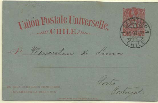 2497.jpg -     Lote:    2497      Lotes pelo Correio             Descrição:      Chile.   1877 &mdash; Cristóvão Colombo. 3c carmim sobre cartolina verde. Circulado de Santiago do Chile (11.12.98) para Lisboa.        IC       Valor Base:     &euro; 8,00     Valor Venda:     Retirado     