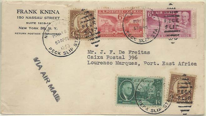 2499.jpg -     Lote:    2499      Lotes pelo Correio             Descrição:      EUA.   1953 &mdash; Carta circulada por via aérea de Nova York (15.03.53) para L. Marques.        Carta       Valor Base:     &euro; 6,00     Valor Venda:     Retirado     