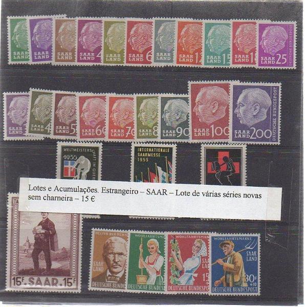 2522.jpg -     Lote:    2522      Lotes pelo Correio             Descrição:      Sarre   &mdash; Classificador com lote de selos novos sem sinal de charneira. Lote a ver.        Lote       Valor Base:     &euro; 15,00     Valor Venda:     &euro; 17,00     
