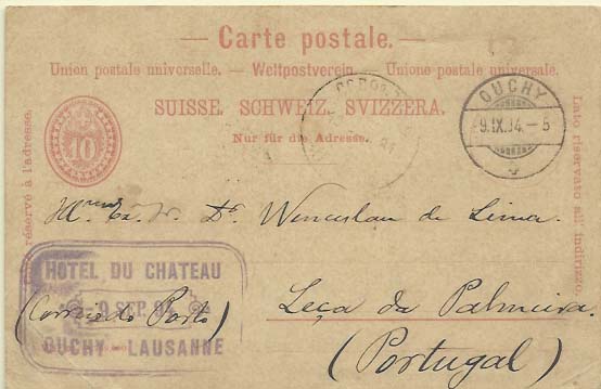 2523.jpg -     Lote:    2523      Lotes pelo Correio             Descrição:      Suíça.   10c vermelho sobre cartolina camurça, circulado de Ouchy (09.09.94) para Lisboa.        IC       Valor Base:     &euro; 10,00     Valor Venda:     Retirado     