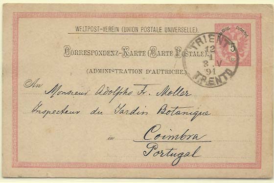 2526.jpg -     Lote:    2526      Lotes pelo Correio             Descrição:      Áustria.   1883 &mdash; Números pretos. Selo tipo Iv42, 5k rosa pálido. Circulado de Trento (12.01.91) para Lisboa.        IC       Valor Base:     &euro; 8,00     Valor Venda:     &euro; 8,00     