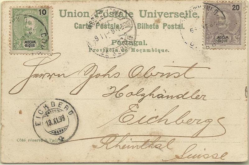 0003.jpg -     Lote:    3      Colecção Império      Inhambane       Descrição:         1898/1901 &mdash; D. Carlos I tipo Mouchon. Selos de Moçambique utilizados no Distrito Postal de Inhambane. Postal ilustrado circulado de Inhambane (29.09.99) para Eichberg (13.11.99) com trânsito por Lisboa (09.11.99) com selos de 10 e 20 reis.        PI       Valor Base:     &euro; 50,00     Valor Venda:     Retirado     