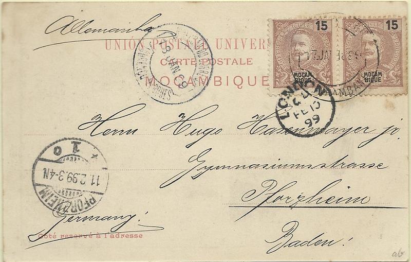 0004.jpg -     Lote:    4      Colecção Império      Inhambane       Descrição:         1898 &mdash; D. Carlos I tipo Mouchon. Selos do Distrito Postal de Moçambique usados no Distrito Postal de Inhambane. CE56, 2x15 reis castanho sobre postal ilustrado circulado de Inhambane (17.01.99) para Baden (11.02.99), com trânsito por L. Marques (18.01.99) e Londres (10.02.99). MB e MR.        PI       Valor Base:     &euro; 40,00     Valor Venda:     &euro; 55,00     