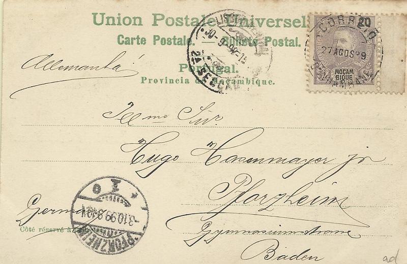 0005.jpg -     Lote:    5      Colecção Império      Inhambane       Descrição:         1898 &mdash; D. Carlos I tipo Mouchon. Selos do Distrito Postal de Moçambique usados no Distrito Postal de Inhambane. CE57, 20 reis violeta cinzento sobre postal ilustrado circulado de Inhambane (27.08.99) para Baden (03.10.99).        PI       Valor Base:     &euro; 30,00     Valor Venda:     &euro; 42,00     